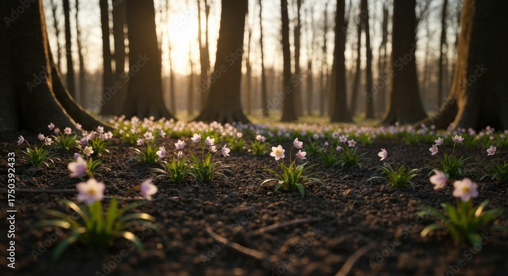 Fototapeta premium A low-angle forest scene showcasing wildflowers in sunlight, with trees in the distance