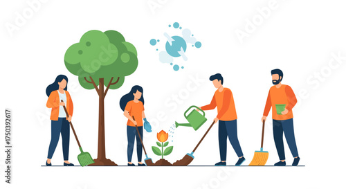 Planting Flowers Together in Nature - Illustrative Scene of Eco-Friendly Activities