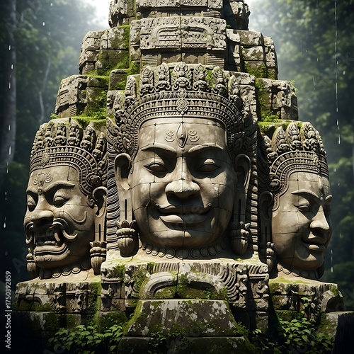 Ancient Stone Faces of Bayon Temple in Angkor, Cambodia.