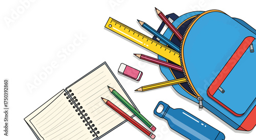 Backpack with Tools and Notebook on White Desk, Educational Environment, Creative Viewpoint