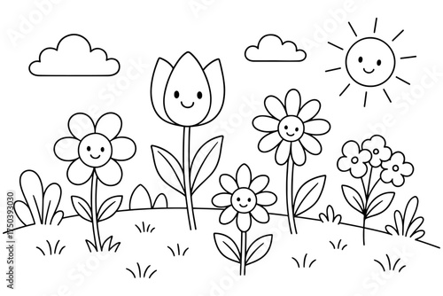 Cheerful garden coloring page featuring smiling flowers, a happy sun, and fluffy clouds
