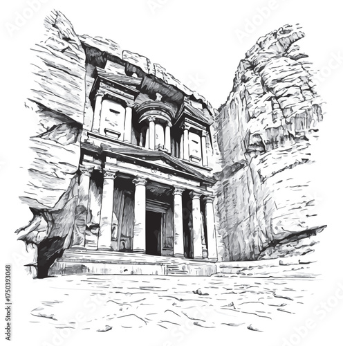 Petra wall, ancient city, Jordan landmark, black and white vector, rock architecture