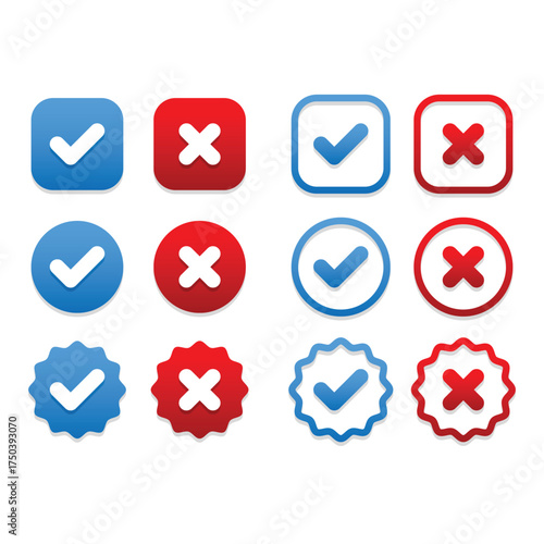 Modern Gradient Checkmark and Cross Mark Icon Set For User Interface