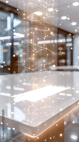 blurry office room portrait image with hologram and business charts and graphs for background