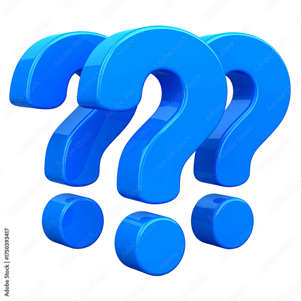 Naklejka premium Three shiny, blue, 3D question marks in a group, set against a black background
