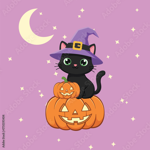 An adorable black cat with bright green eyes is wearing a purple witch hat and sitting atop two cheerful jack-o-lantern pumpkins. A perfect cute vector for Halloween and spooky season fun
