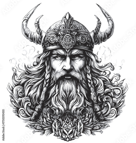 Viking head, horned crown, 