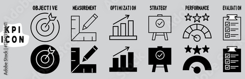 kpi icon set collection in solid glyph style. an icon pack contain scorecards,target,evaluation,goal setting,performance,metric