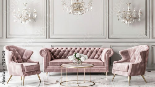 Elegant Pastel Pink Velvet Living Room Set with Chandeliers and Decorative Wall Panels