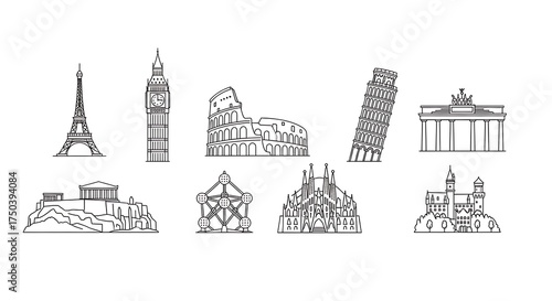 European Landmarks Line Art - Eiffel Tower, Big Ben, Colosseum, and More.