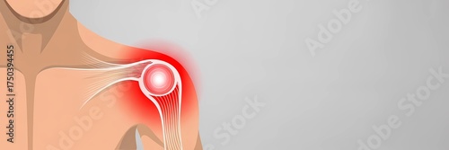 a human shoulder joint highlighted with a red glow to indicate pain, inflammation, or muscle strain in the area.  