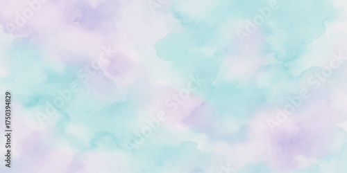 Abstract watercolor background with bright blue sky, white clouds, and warm summer sunlight