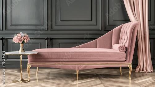Elegant Pink Chaise Lounge with Gold Legs and Floral Side Table in Luxurious Interior
