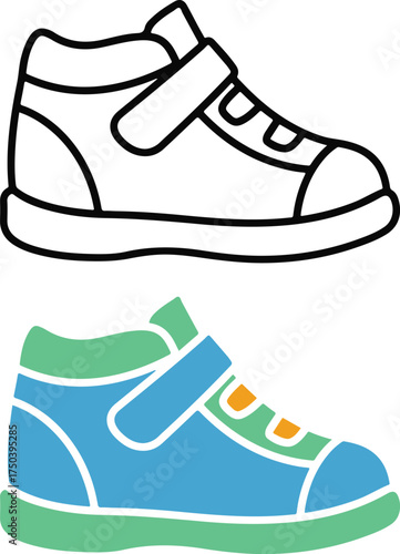 Blue and green child's sneaker with outline version