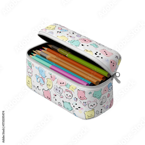 Cute Kawaii Pencil Case Filled with Colored Pencils.