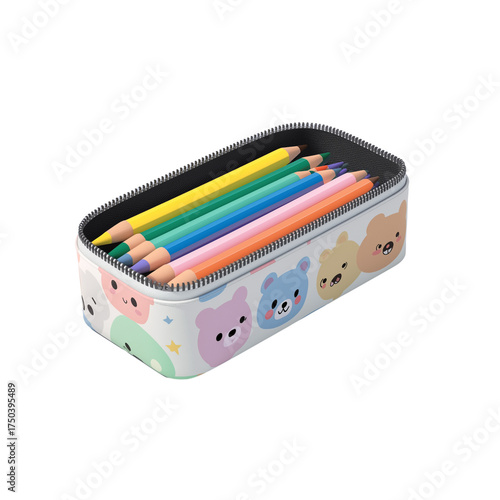 Cute cartoon bear pencil case filled with colorful pencils.