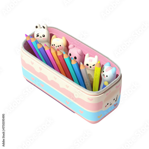 Cute Kawaii Cat Pencil Case Filled with Colorful Pencils.