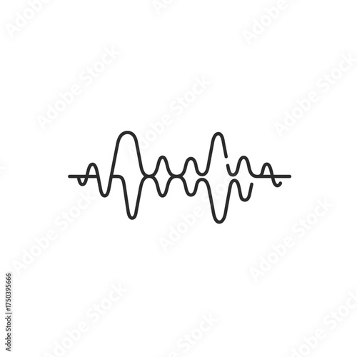 Sound wave oscillates in simple line drawing against white backdrop representing audio signal and frequency in minimalist style.