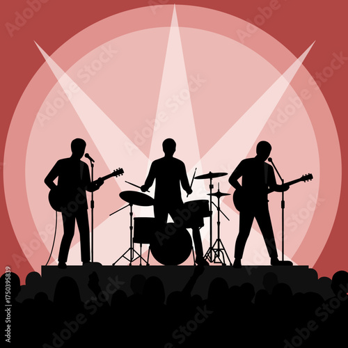 Silhouette of rock band performing on stage under bright spotlights, creating an energetic and captivating atmosphere for the audience, showcasing musical talent and passion.