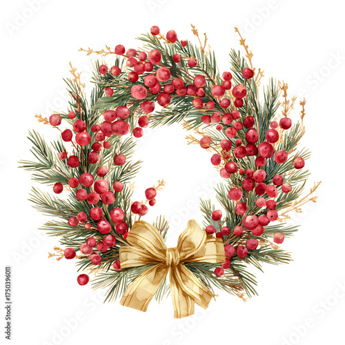 Delicate Watercolor Christmas Wreath with Gold Ribbon