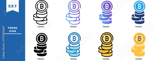 Cryptocurrency Token Icon Set – Bitcoin Coin, Blockchain Asset, and Digital Currency Stack Illustration Pack