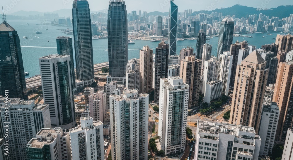 Obraz premium Aerial view of a densely packed city with tall skyscrapers, overlooking a body of water