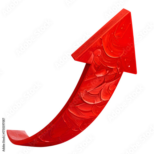 A vibrant, curved, red arrow pointing upwards, with textured detailing, set against a black backdrop