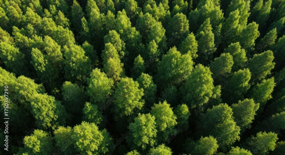 Fototapeta premium Aerial view of lush green treetops, dappled with sunlight, creating a dense forest canopy