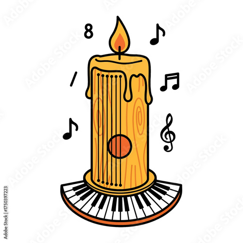 Musical Candle with Piano Keys and Notes, Artistic Illustration.