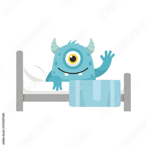 Cute blue monster waving from bed ready for sleep.