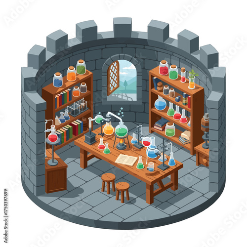 Detailed illustration of a medieval alchemists laboratory with equipment.