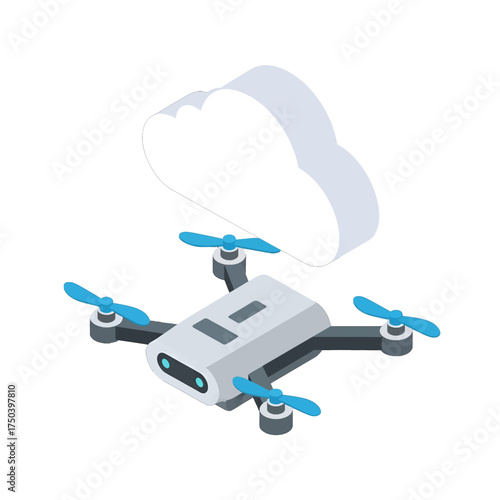 Drone technology flying with cloud computing for data transfer.