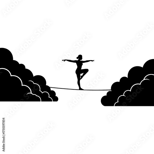 Silhouette of a woman balancing on a tightrope between clouds.
