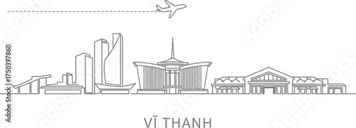 Vi Thanh City Skyline Airplane Travel Doodle
