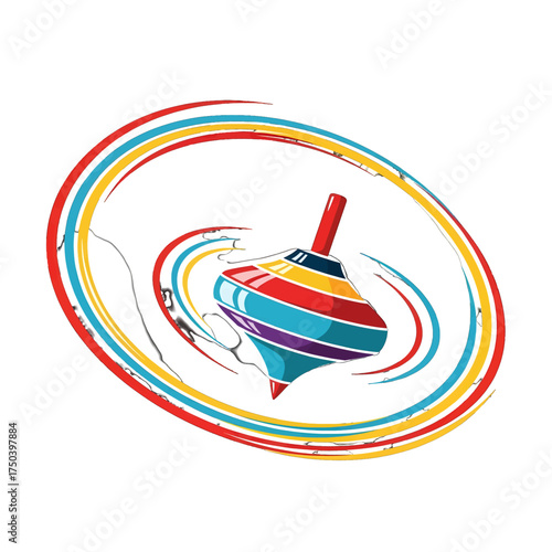 Colorful spinning top toy with rainbow rings and motion.