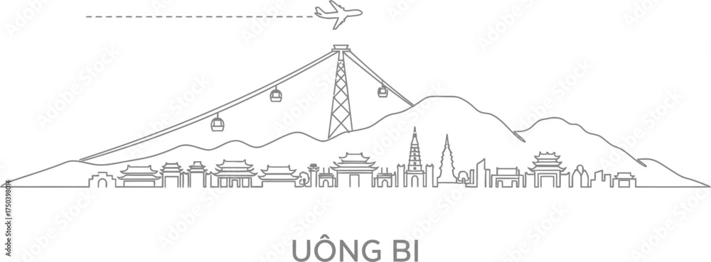 Obraz premium Uong Bi Vietnam Cityscape Line Art with Cable Cars and Airplane