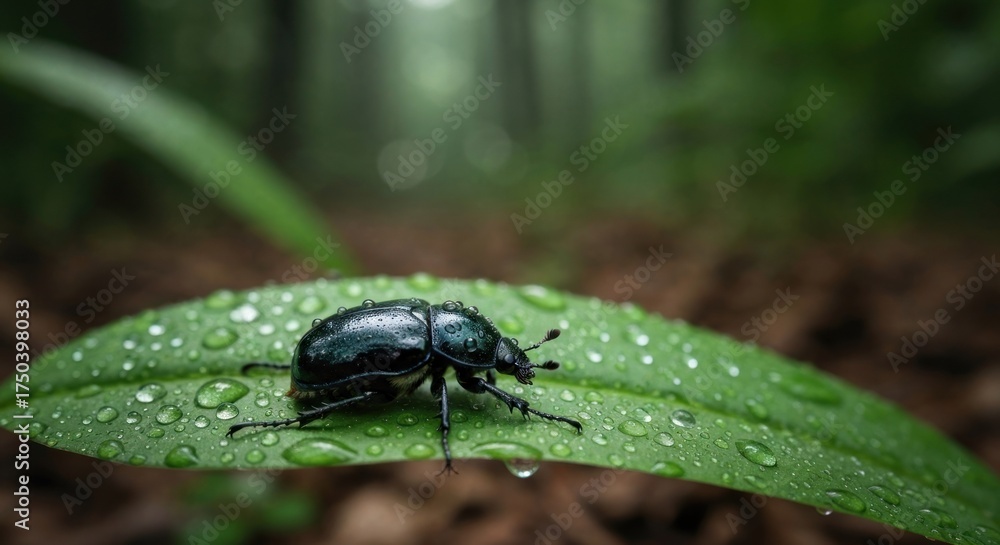 Naklejka premium Beetle rests on a dew-covered leaf in a blurred forest background