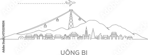 Uong Bi Vietnam Cityscape Line Art with Cable Cars and Airplane