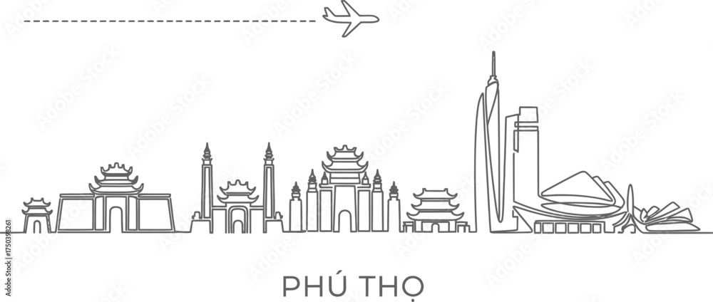 Naklejka premium Phu Tho Vietnam Skyline Travel Icon Airplane