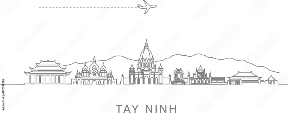 Fototapeta premium Tay Ninh Vietnam Skyline Travel Airplane Line Art