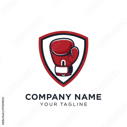 Modern logo design featuring a red boxing glove centered within a protective shield emblem, suitable for a gym or fight club.