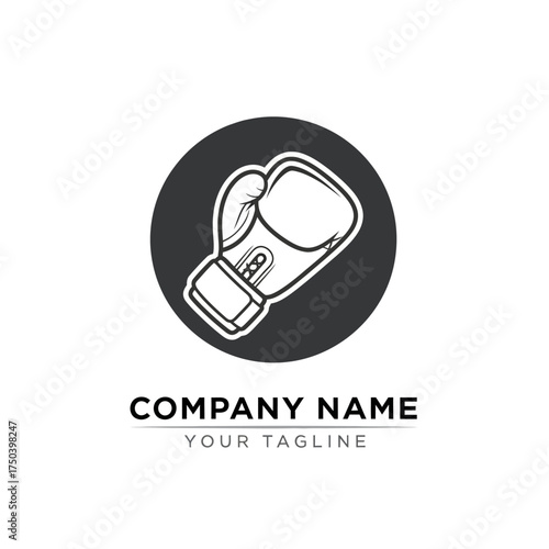 A black and white graphic logo featuring a boxing glove inside a circle, with text below.