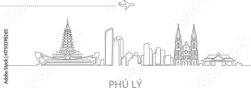 Phu Ly Vietnam City Skyline Airplane Travel Line Art