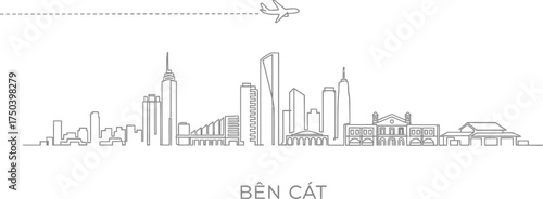 Ben Cat Skyline with Airplane Line Art