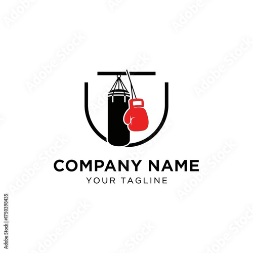 Logo featuring a boxing theme with a punching bag and a red boxing glove inside a shield.