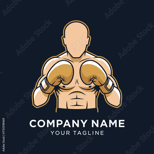 Muscular faceless boxer mascot logo with golden gloves in a fighting pose.
