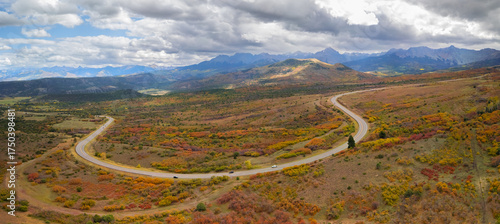 Aerial panoramic view of CO-62 scenic byway at Continental divide in Colorado during autumn time.