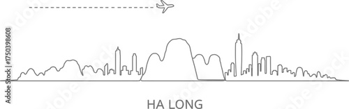 Ha Long City Skyline with Airplane and Mountains Line Art
