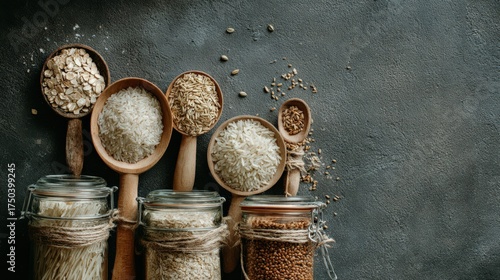 flat lay of whole grains in wooden scoops and glass jars—oats, brown rice, quinoa and barley