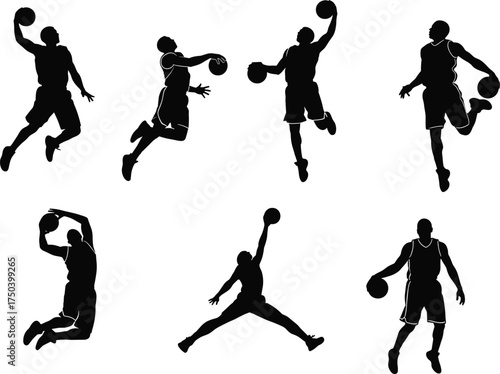 Basketball player silhouette, slam dunk action, athletic jump pose, sports vector illustration, dynamic movement, black figure, competitive game, isolated design, editable artwork